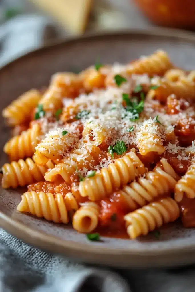 Close-up of creamy pasta with sauce in a white bowl, garnished with herbs.