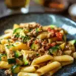 Close-up of one pot pasta with zucchini and hackfleisch in a white bowl
