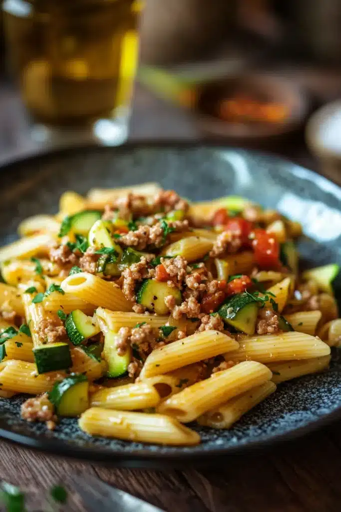 Close-up of one pot pasta with zucchini and hackfleisch in a white bowl