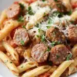Close-up of a creamy one pot sausage pasta dinner with visible sausage pieces and herbs
