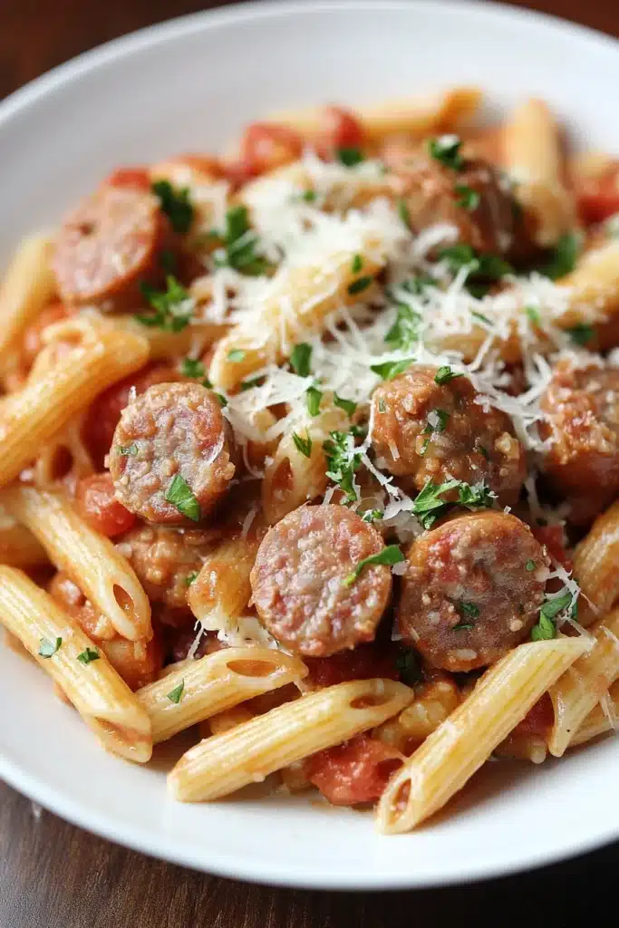 Close-up of a creamy one pot sausage pasta dinner with visible sausage pieces and herbs
