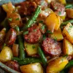 Close-up of one pot sausage with potatoes and green beans in a bright, appetizing setting.