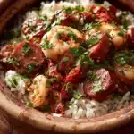 Close-up of one pot sausage shrimp and rice with vibrant colors and textures.