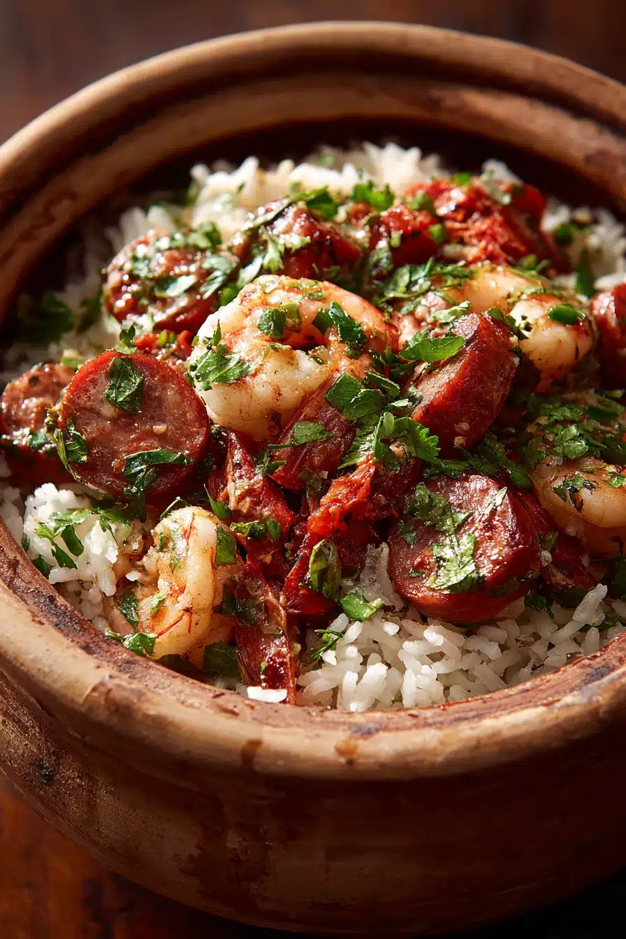 Close-up of one pot sausage shrimp and rice with vibrant colors and textures.