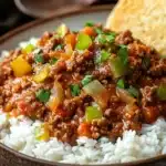 Close-up of one pot sloppy joe ground beef and rice with rich textures