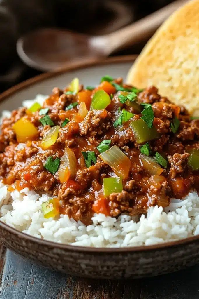 Close-up of one pot sloppy joe ground beef and rice with rich textures
