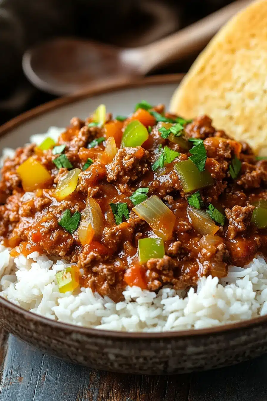 Close-up of one pot sloppy joe ground beef and rice with rich textures