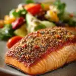 Close-up of pan-fried sockeye salmon with crispy skin and a clean background.