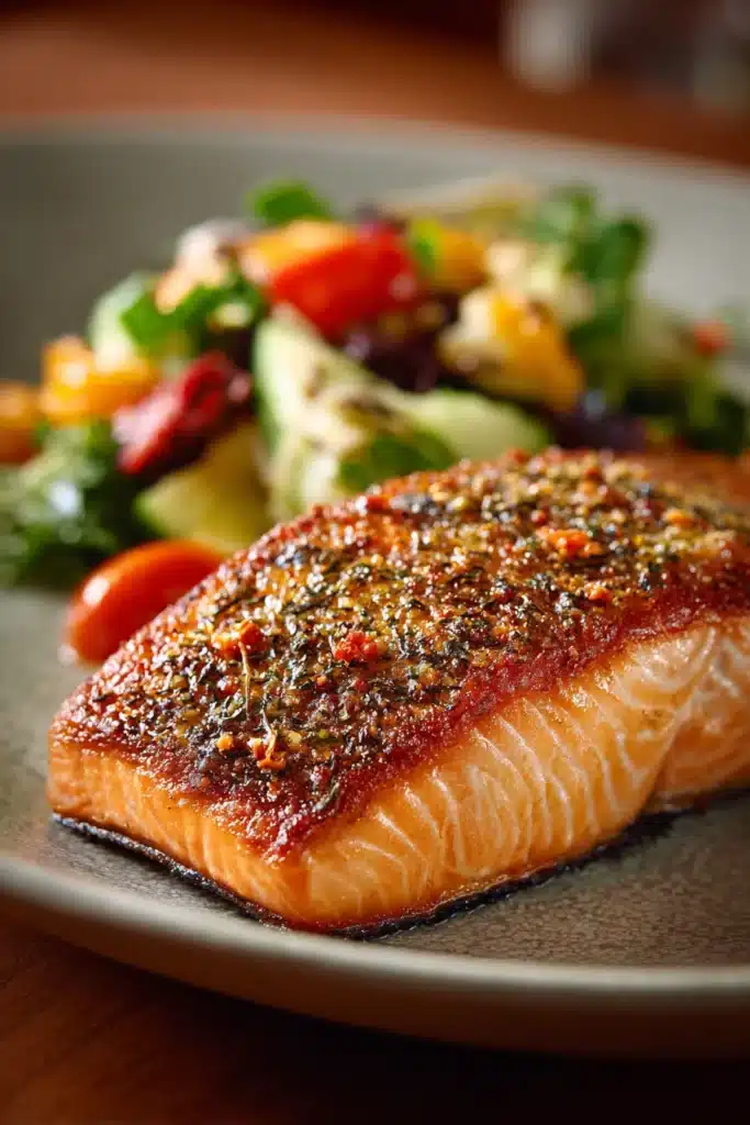 Close-up of pan-fried sockeye salmon with crispy skin and a clean background.