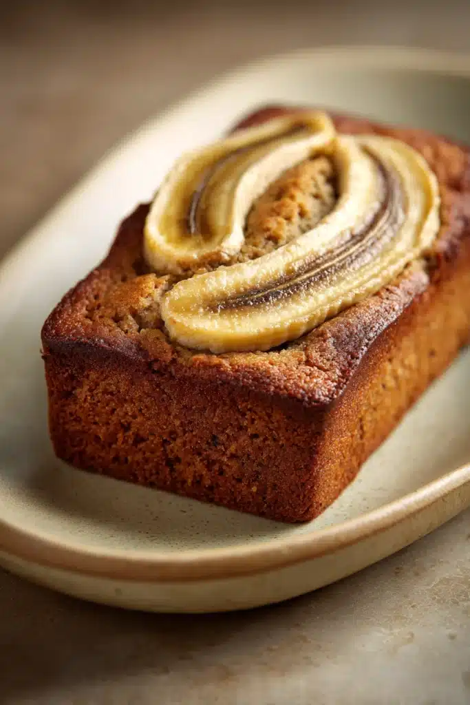 Close-up of peanut butter banana bread with a golden crust and moist texture.