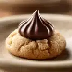Close-up of peanut butter cookies topped with Hershey kisses on a clean background