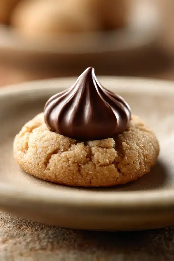 Close-up of peanut butter cookies topped with Hershey kisses on a clean background