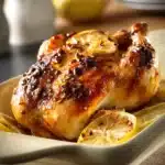 Close-up of roast chicken with honey garlic glaze, golden brown and appetizing.