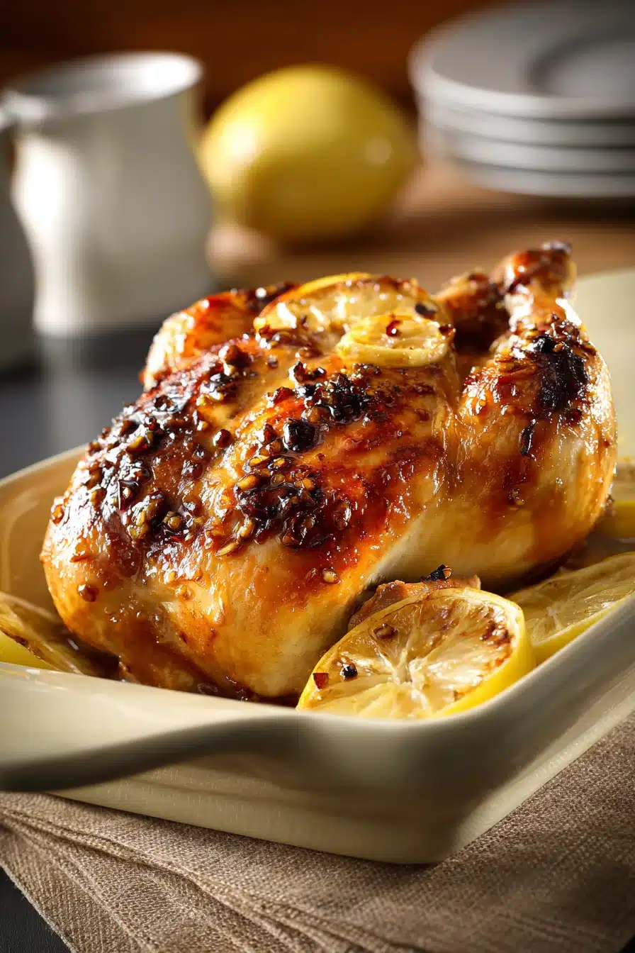 Close-up of roast chicken with honey garlic glaze, golden brown and appetizing.