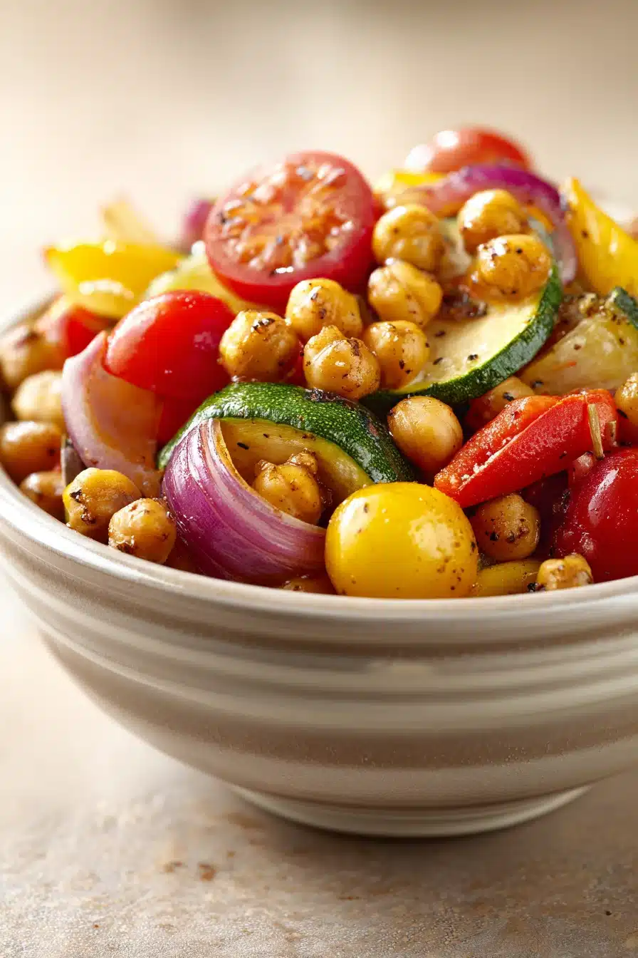 Close-up of roasted chickpeas and vegetables with bright colors and clean background