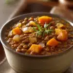 Close-up of roasted pumpkin lentil stew with bright natural lighting and minimal background.