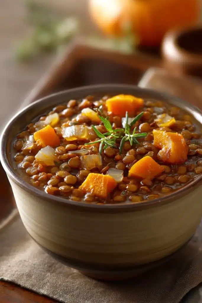 Close-up of roasted pumpkin lentil stew with bright natural lighting and minimal background.