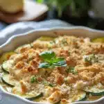 Close-up of rotisserie chicken and zucchini casserole with a golden crust and fresh herbs