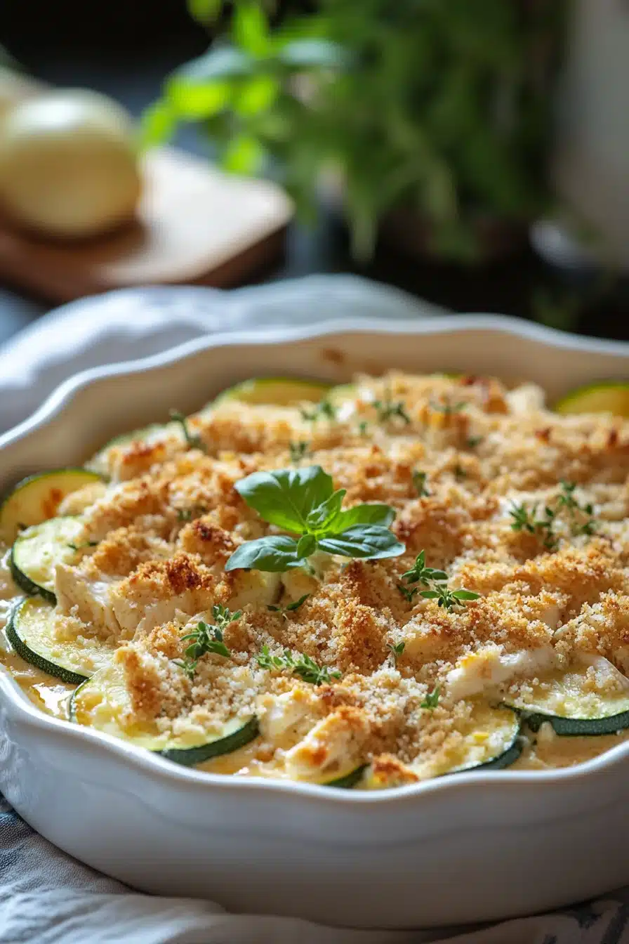 Close-up of rotisserie chicken and zucchini casserole with a golden crust and fresh herbs