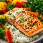 Close-up of a salmon and rice dinner with bright natural lighting