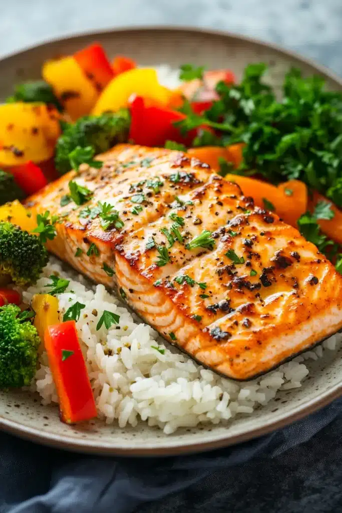 Close-up of a salmon and rice dinner with bright natural lighting