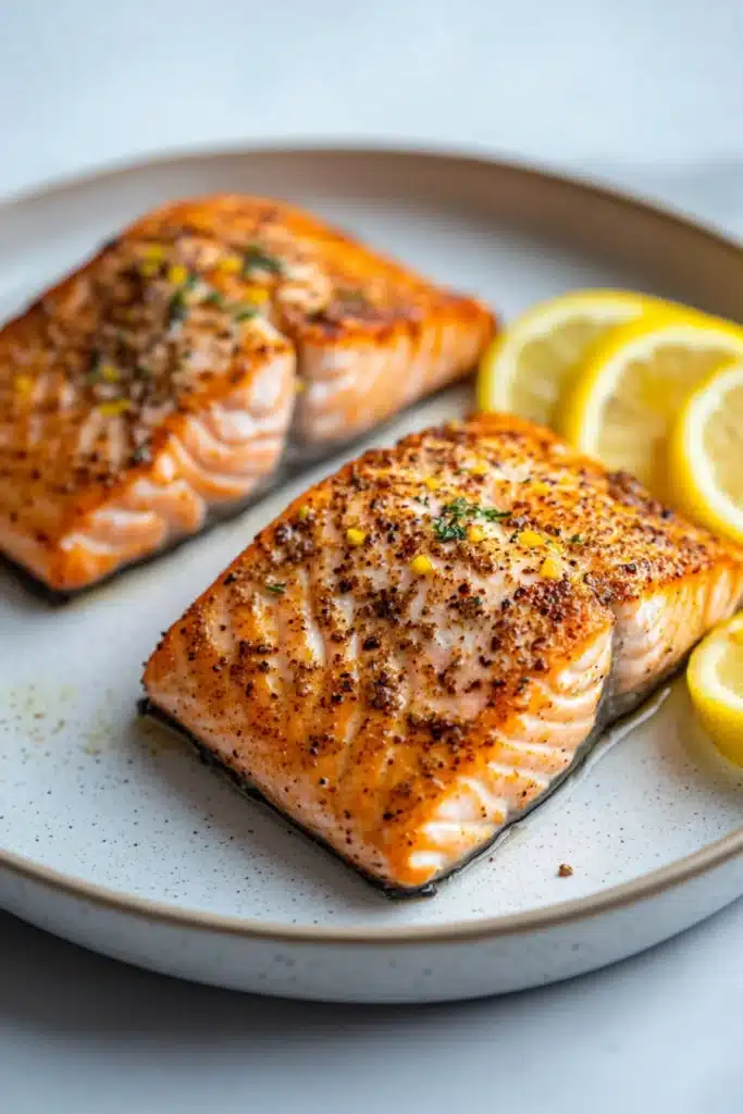 Close-up of salmon cooked in a ninja air fryer with a clean background