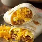 Close-up of sausage egg breakfast roll-ups with a golden crust on a clean background.