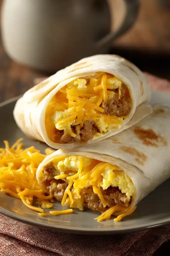 Close-up of sausage egg breakfast roll-ups with a golden crust on a clean background.