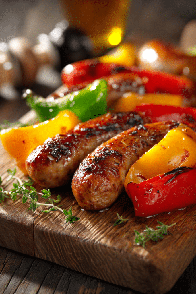 Close-up of sizzling sausage and bell peppers on a rustic wooden board with warm natural lighting, highlighting juicy textures and vibrant colors