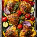 Close-up of sheet pan paprika chicken with colorful veggies, showcasing appetizing textures and vibrant colors.
