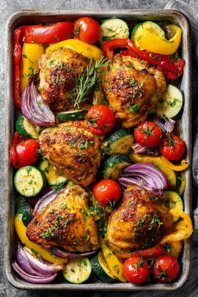 Close-up of sheet pan paprika chicken with colorful veggies, showcasing appetizing textures and vibrant colors.