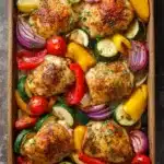 Close-up of sheet pan paprika chicken with colorful vegetables, bright and appetizing.
