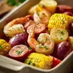 Close-up of a sheet pan shrimp boil with corn, potatoes, and shrimp, garnished with herbs.