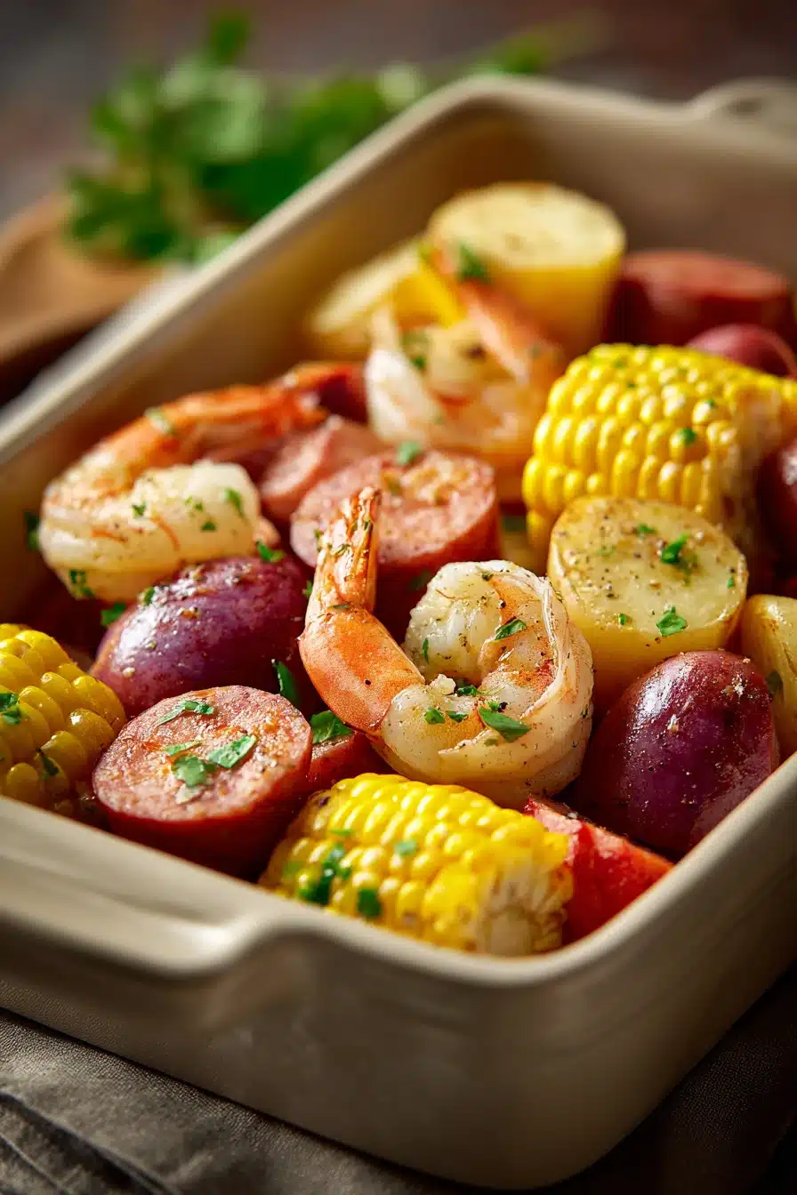 Close-up of a sheet pan shrimp boil with corn, potatoes, and shrimp, garnished with herbs.
