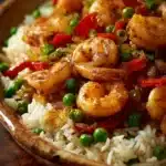 Close-up of shrimp and rice skillet with herbs in bright lighting