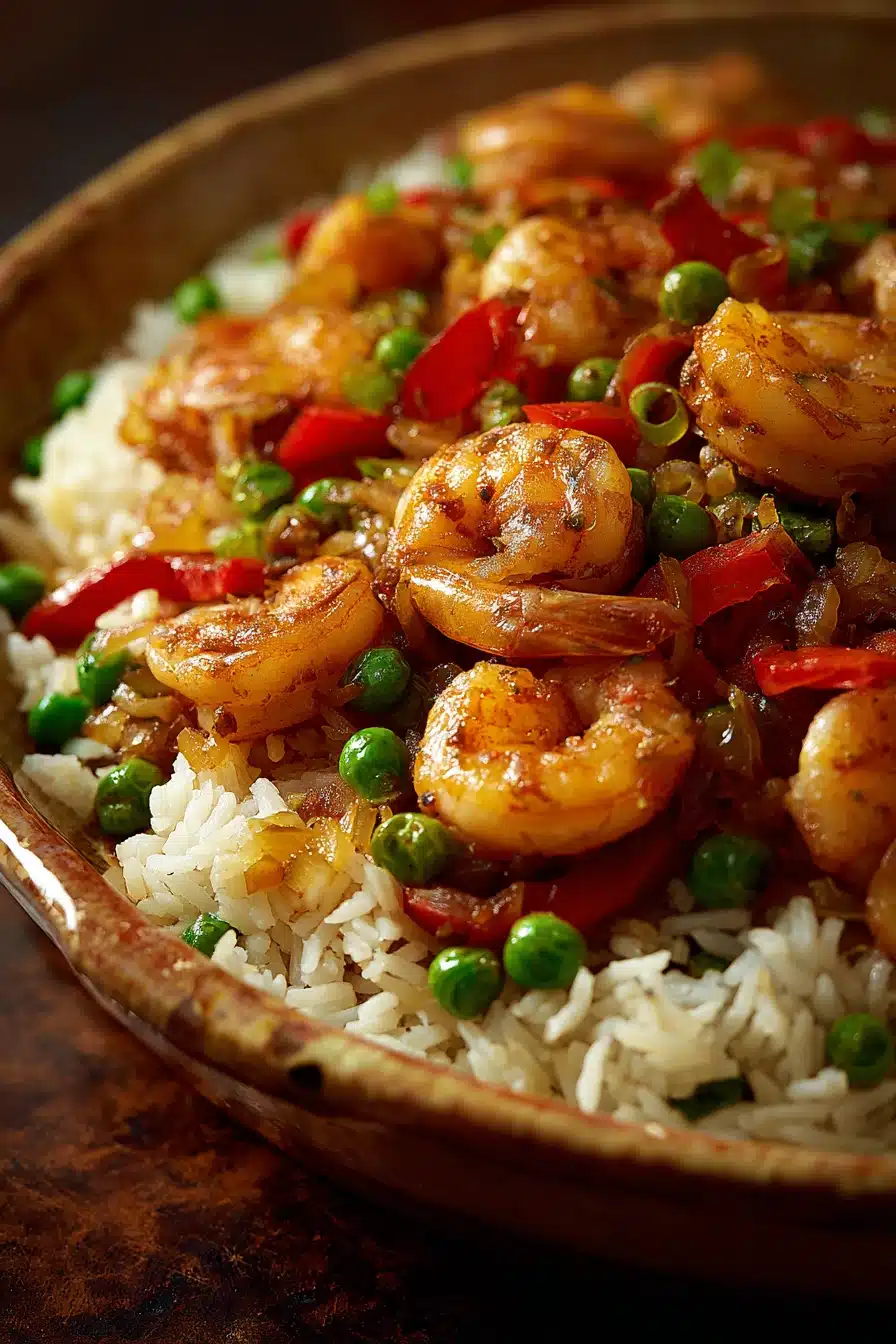 Close-up of shrimp and rice skillet with herbs in bright lighting