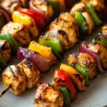 Close-up of skillet chicken kabobs with bright, warm lighting
