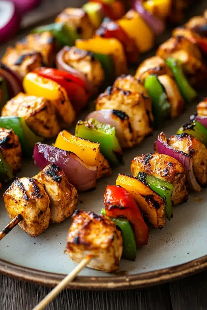 Close-up of skillet chicken kabobs with bright, warm lighting