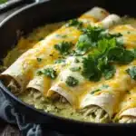 Close-up of skillet creamy chicken enchiladas with melted cheese and herbs