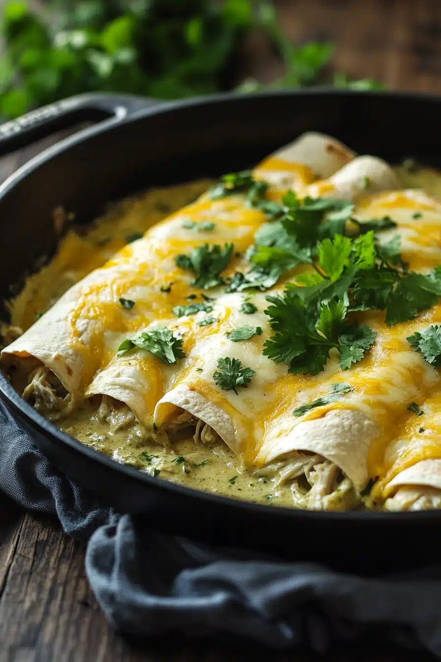 Close-up of skillet creamy chicken enchiladas with melted cheese and herbs