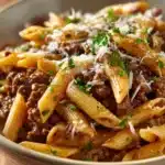Close-up of skillet spicy honey garlic beef pasta with creamy sauce and herbs