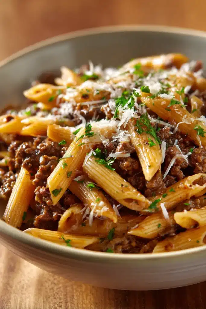 Close-up of skillet spicy honey garlic beef pasta with creamy sauce and herbs