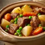 Close-up of slow cooker beef and vegetables stew with carrots and herbs.