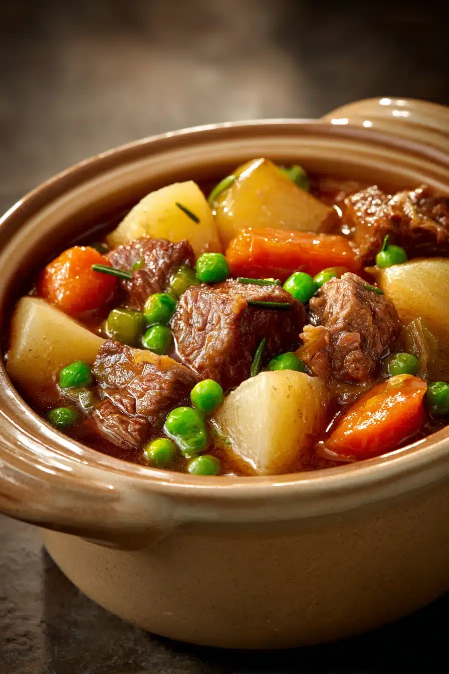 Close-up of slow cooker beef and vegetables stew with carrots and herbs.