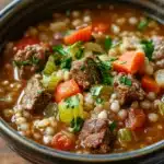 Close-up of slow cooker beef barley soup with vegetables in a bowl