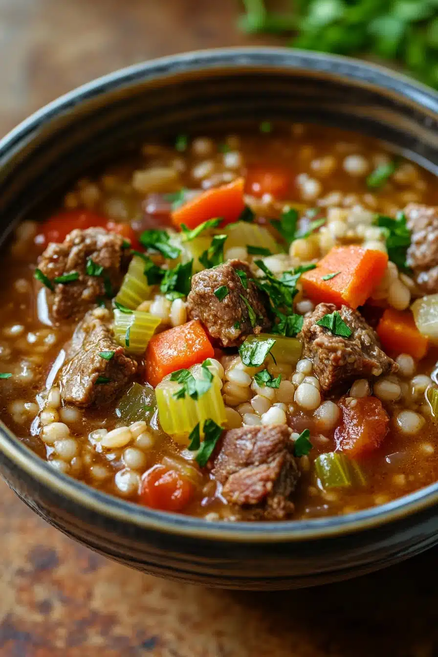 Close-up of slow cooker beef barley soup with vegetables in a bowl