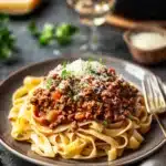 Close-up of slow cooker beef bolognese with rich sauce and pasta