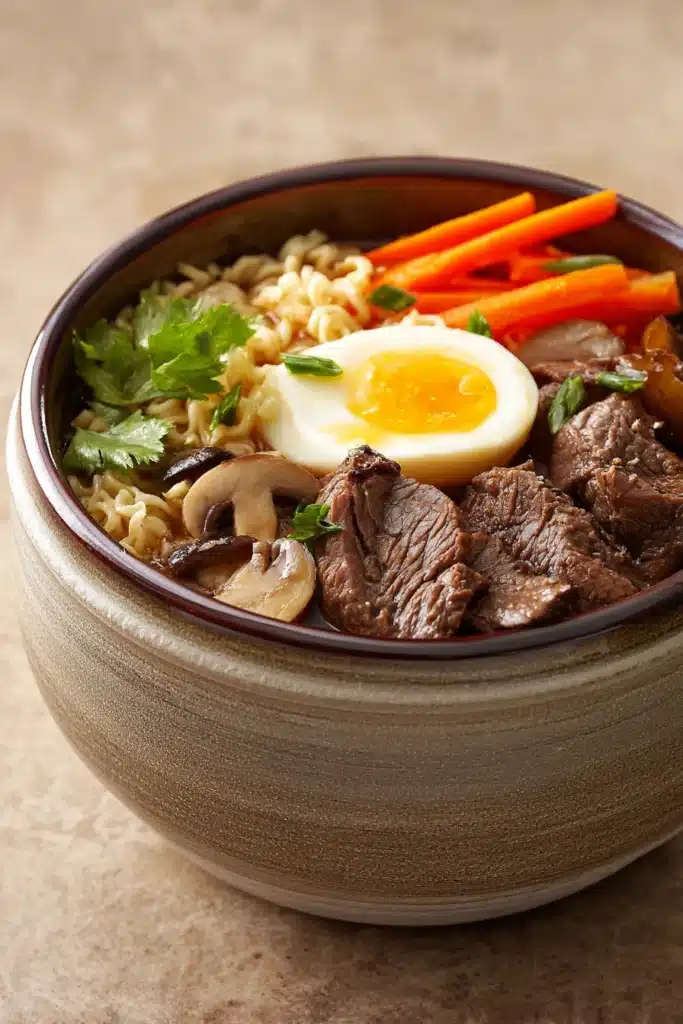 Close-up of slow cooker beef ramen noodle with vibrant vegetables and rich broth