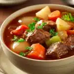 Close-up of slow cooker beef stew with tomato juice, featuring chunks of beef and vegetables in a rich broth.