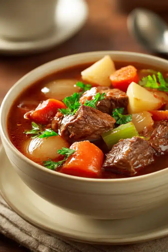 Close-up of slow cooker beef stew with tomato juice, featuring chunks of beef and vegetables in a rich broth.